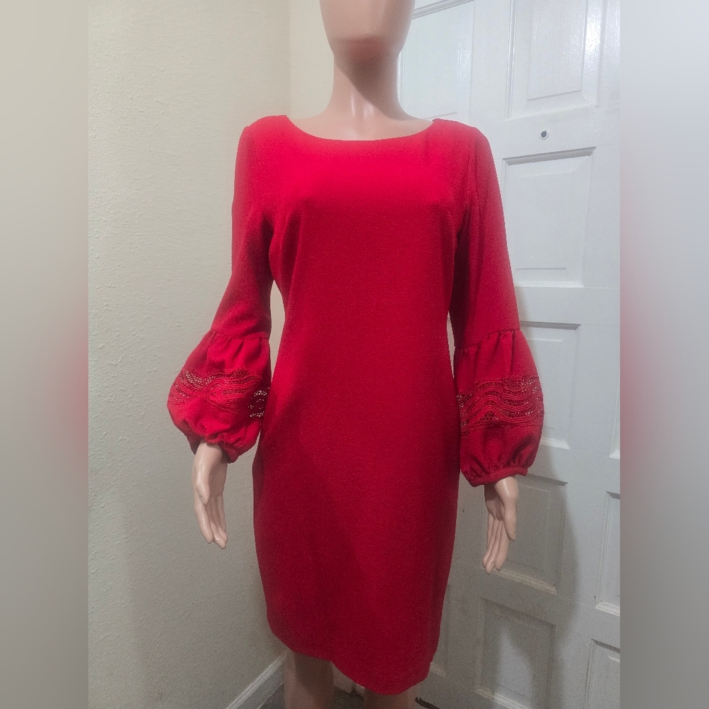 Karl Lagerfeld Red Long Sleeve Shift Dress with Lace-Trim Sleeves - Picture 2 of 8
